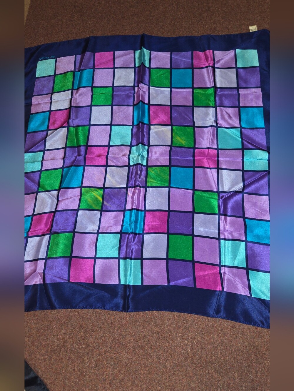 Vintage Silk Bill Blass Geometric 30x30 Scarf  Some Variation In Green Squares